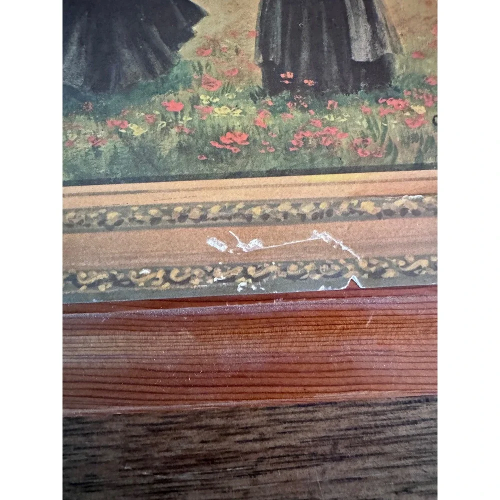 Vintage Griffin Folk Art Wood Block Print Figures in Meadow Flowers Wall Decor